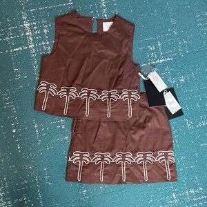 Brown Palm-Embroidered Skirt Set by Unknown Brand